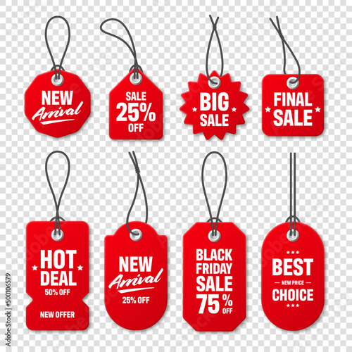 Realistic red price tags collection. Special offer or shopping discount label. Retail paper sticker. Promotional sale badge with text. Vector illustration.