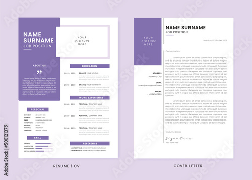 Minimalis CV Resume and Cover Letter Design Template. Super Clean and Clear Professional Modern Design. Stylish Minimalis Elements and Icons with Purple Color - Vector Template