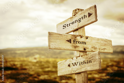 strength from within text quote written in wooden signpost outdoors in nature. Moody theme feeling.