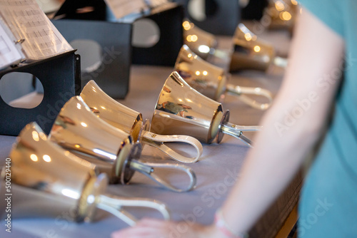 Handbells on table in music class