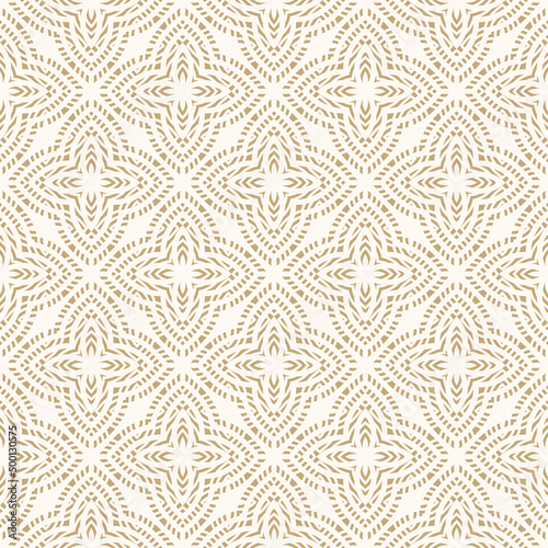Vector geometric seamless pattern. Golden abstract ethnic texture with floral ornament, grid, lattice. Tribal ethnic motif. Folk style background. Gold and white repeat design for decor, wallpapers