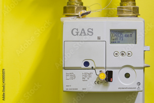 Electric gas meter display panel. Domestic smart meter installed. Concept for energy supplier and price rise.