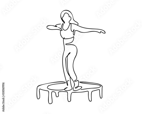 A young woman is jumping on a trampoline. High intensity trampoline training. Active woman doing fitness on a trampoline. Hand drawn, doodle or one line. Vector illustration