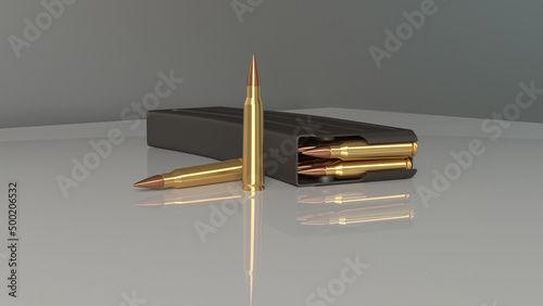 3D rendering. M-16 rifle magazine and cartridges