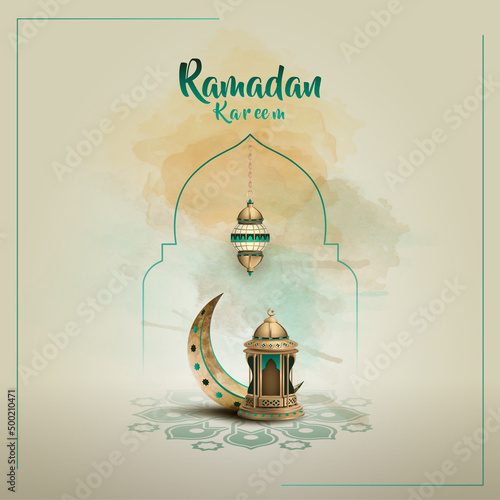 islamic greetings ramadan kareem card design with beautiful lantern and crescent