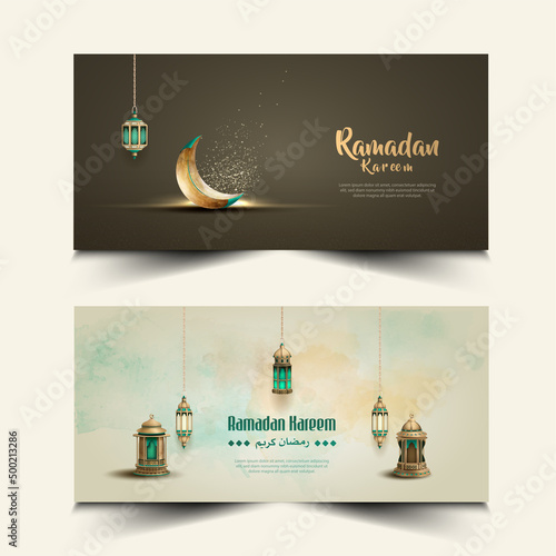 Set of islamic greetings ramadan kareem card design with beautiful crescent moon and lanterns