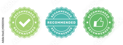 Recommended badge set. Label design with check mark and thumbs up. Good choice recommendation. Vector illustration