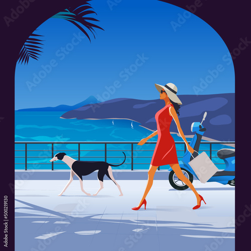 Woman with Dog walking by the seaside. Summer Vive Fashion Illustration