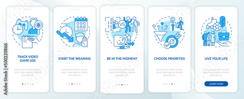 Coping with gaming addiction blue onboarding mobile app screen. Internet walkthrough 5 steps graphic instructions pages with linear concepts. UI, UX, GUI template. Myriad Pro-Bold, Regular fonts used