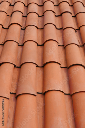 roof surface with reddish ceramic tiles embedded with each other