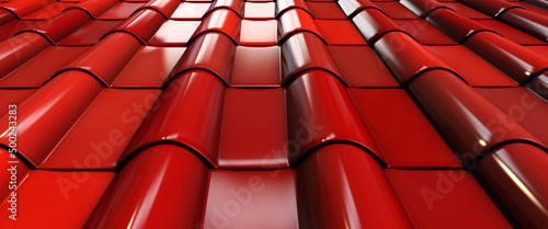 Close-up of red metal tile. Wavy roof. Red roof background. Concept of production of roofing for house. Metal tile for roof of house. Production and sale of metal tiles. Housetop background. 3d image
