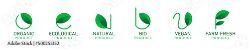 100% organic bio eco vegan farm fresh natural product vector icon logo