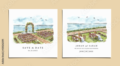 Watercolor wedding invitation of nature landscape with beautiful wedding gate view 