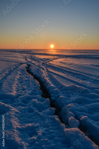 beautiful winter sunset on the Volga River