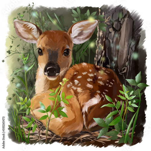 Cute deer lies in the grass. Watercolor drawing
