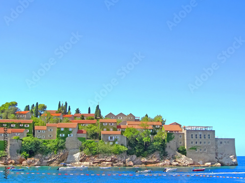 Sveti Stefan, small islet and resort in Montenegro. Balkans, Adriatic sea, Europe. Beauty world.
