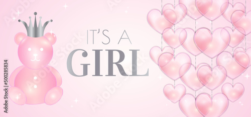 It's a Girl Baby Shower Illustration Design with Cute Princess Bear and Pastel Pink Heart Ornaments