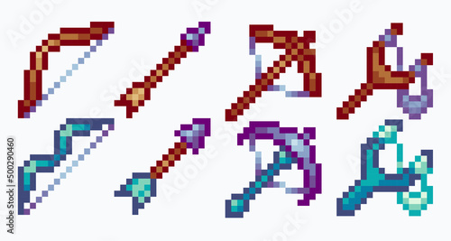 Bow, slingshot and crossbow pixel art set. Archery collection. 8-bit sprite. Game development, mobile app. Isolated vector illustration.