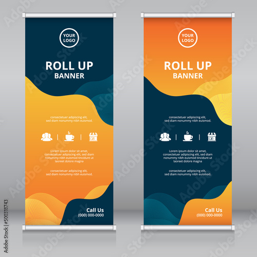 Modern and colorful fluid style abstract roll up banner template. Also suitable for standee or x-banner, flag banner, vertical signboard, vertical billboard, brochure or flyer