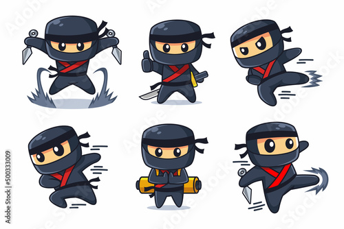 Ninja Cartoon Character in Various Poses Set