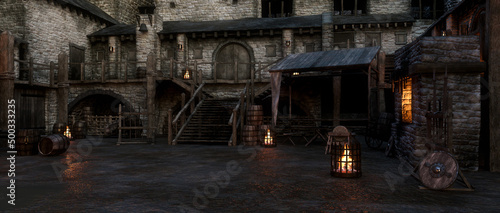 Dark wet muddy medieval castle courtyard in the evening lit by fire light. 3D rendering.