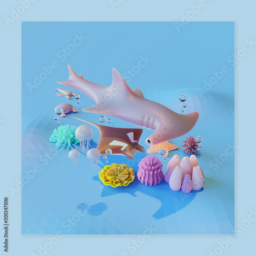 World Ocean Day Copy Space Template With Hammerhead Shark 3D Render Illustration