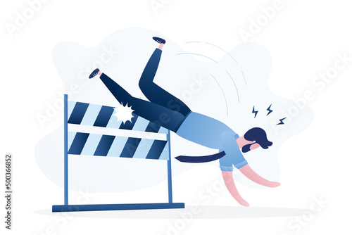 Problems, underperform male employee. Business failure, mistake or cannot overcome difficulty or obstacle. Frustrated loser businessman fail to jump over hurdle and falling to the ground.