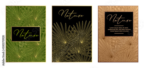 Série de 3 flyers ou couvertures de brochures pour des produits de luxe décorés d’une typographie originale et de feuilles de palme sur un fond vert, noir ou cuivre.