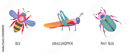 Cute cartoon insects. Funny bee, grasshopper and may bug. Colorful isolated vector illustration set of icons.