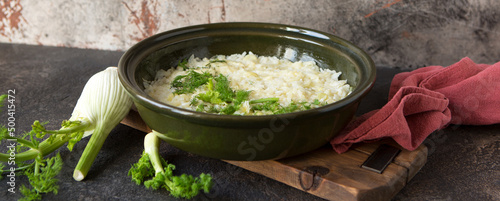 pan with fennel risotto on the table