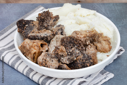 Mogodu, a Traditional South African stew made of chopped innards of a cow or tripe served with pap or maize meal.