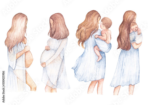 watercolor pregnancy wooman, with baby set