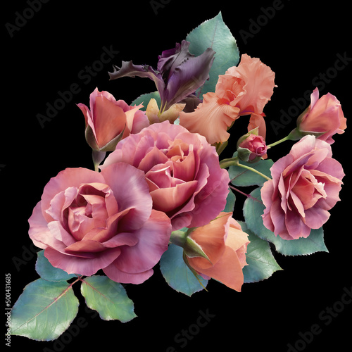 Floral arrangement, bouquet of garden flowers. Red roses and iris isolated on black background. Can be used for invitations, greeting, wedding card.