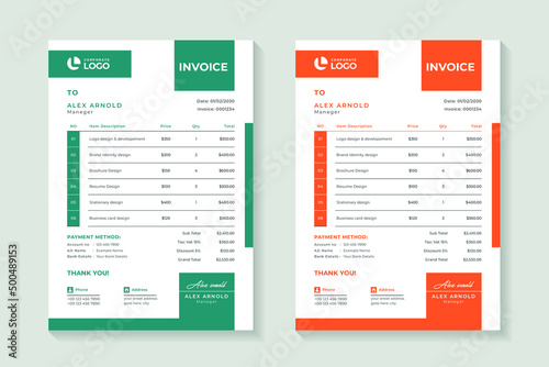 Corporate invoice template layout design, payment agreement design, bill, receipt, price list, business invoice accounting