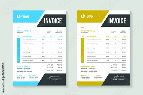Corporate invoice template layout design, payment agreement design, bill, receipt, price list, business invoice accounting