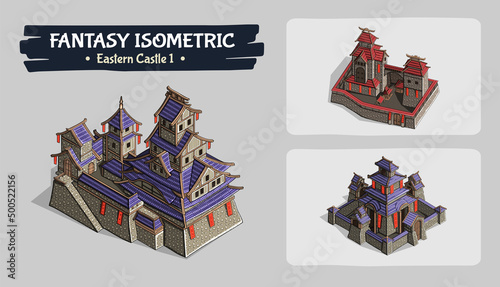 Isometric Eastern Castle Fantasy game assets - Vector Illustration