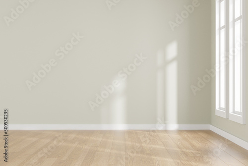 3d rendering of white empty room and wooden floor. Contemporary interior background.