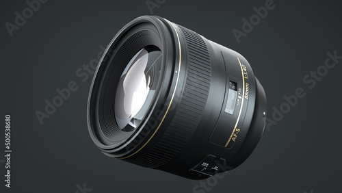 Camera lens on a dark background. New professional photography equipment. 3d illustration