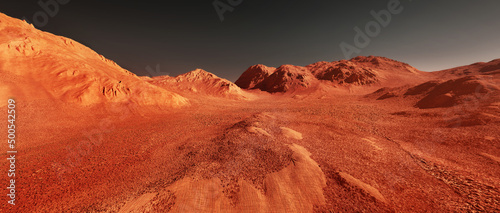 Mars planet landscape, 3d render of imaginary mars planet terrain, orange eroded desert mountains, realistic science fiction illustration.