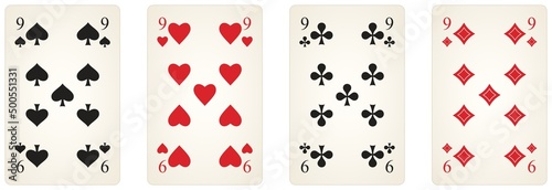 Spielkarten Symbol Vektor Set mit der Zahl neun in schwarz und rot. Herz, Kreuz, Pik und Karo Illustration. Weißer isolierter Hintergrund.