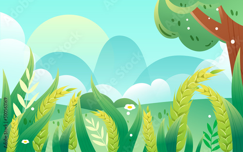 Wheat grows in a wheat field in summer, the girl is under the tree, vector illustration