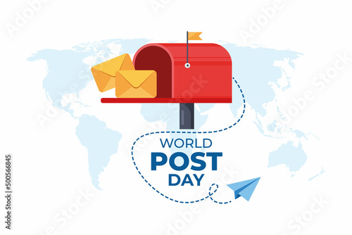 World Post Day with Flying mail paper on the world with world map background. Red post box with envelope. Vector illustration.