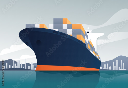 Vector illustration of a loaded container cargo ship leaving the harbor