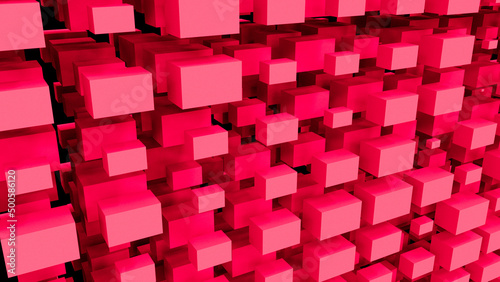 Red abstraction with a large number of rectangular cubes. Abstract background with red cubes close-up on a black background. 3D rendering. 3D illustration. 3D image. 