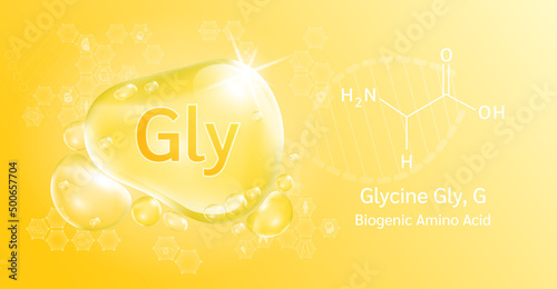Water drop Important amino acid Glycine Gly, G and structural chemical formula. Glycine on a yellow background. Medical and scientific concepts. 3D Vector Illustration.