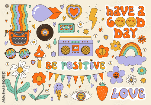 Vector groovy clipart collection. 70s, 80s, 90s vibes funky stickers. Retro flowers. text, emoji, typewriter, cassette illustrations. Vintage nostalgia elements for card, poster design and print