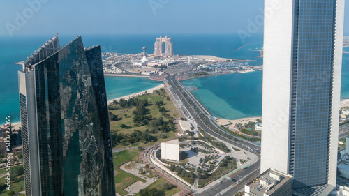 Abu Dhabi, United Arab Emirates - February 2022: Aerial view of Marina Mall and Marina Village with Rixos Marina Abu Dhabi hotel