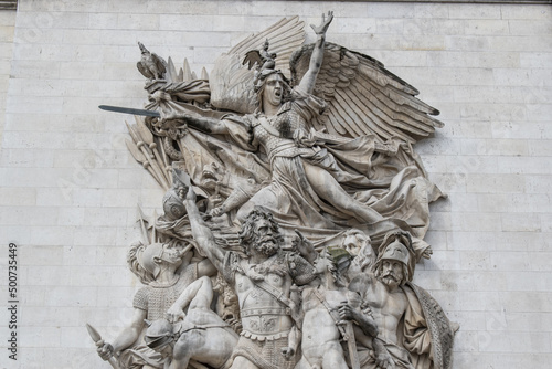 Paris, France, Europe: The Departure of 1792 (or The Marseillaise) by Francois Rude, one of the four main sculptural groups on each pillars of the Triumphal Arch of the Star (Arc de Triomphe) 