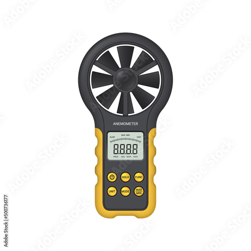 Digital anemometer isolated on white. Wind speed measuring device. Vector illustration.