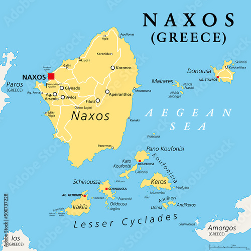 Naxos and Lesser Cyclades, Greek islands, political map. Island group in the Aegean Sea, and part of the Cyclades archipelago. Popular tourist destination with a number of beaches and several ruins.